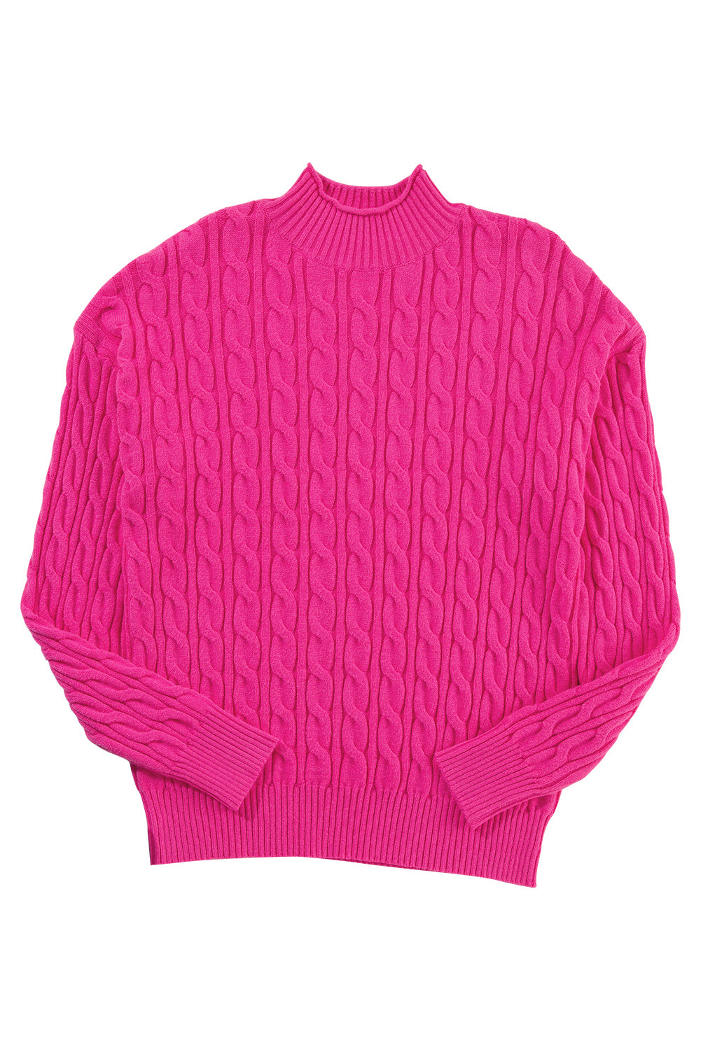 Rose Red Solid Cable Knit High Neck Drop Shoulder Sweater