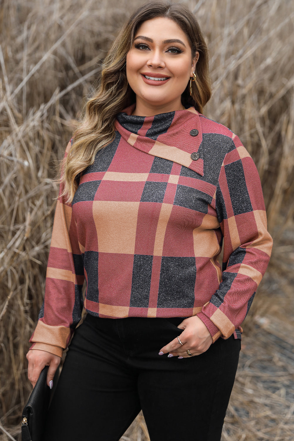 Mineral Red Plus Size Plaid Print Button Decor Asymmetric Neck Top