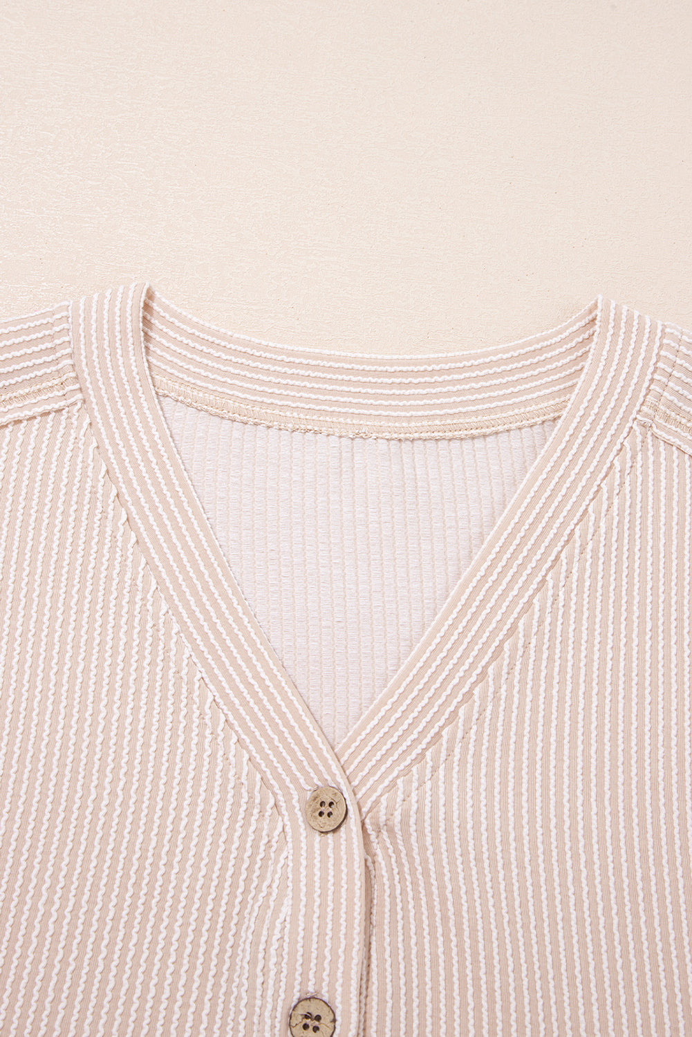 Parchment Spiral Ribbed Short Sleeve V Neck Buttoned Romper with Pocket