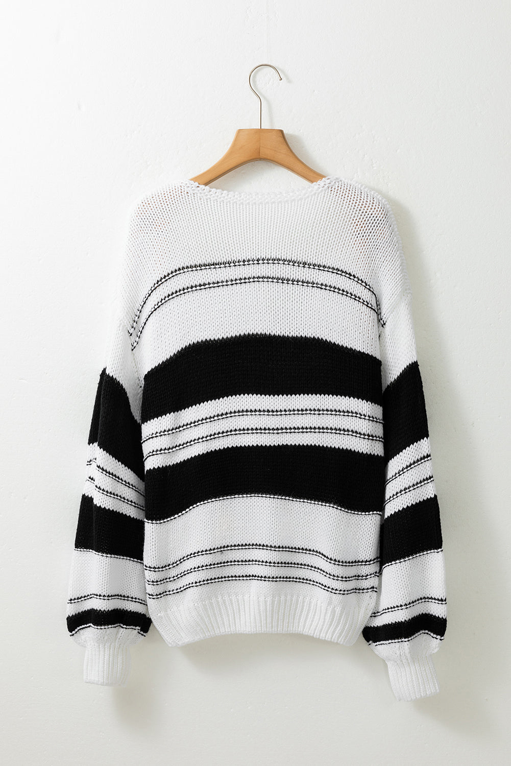 Black Stripe Striped Knit Puff Sleeve Casual Sweater