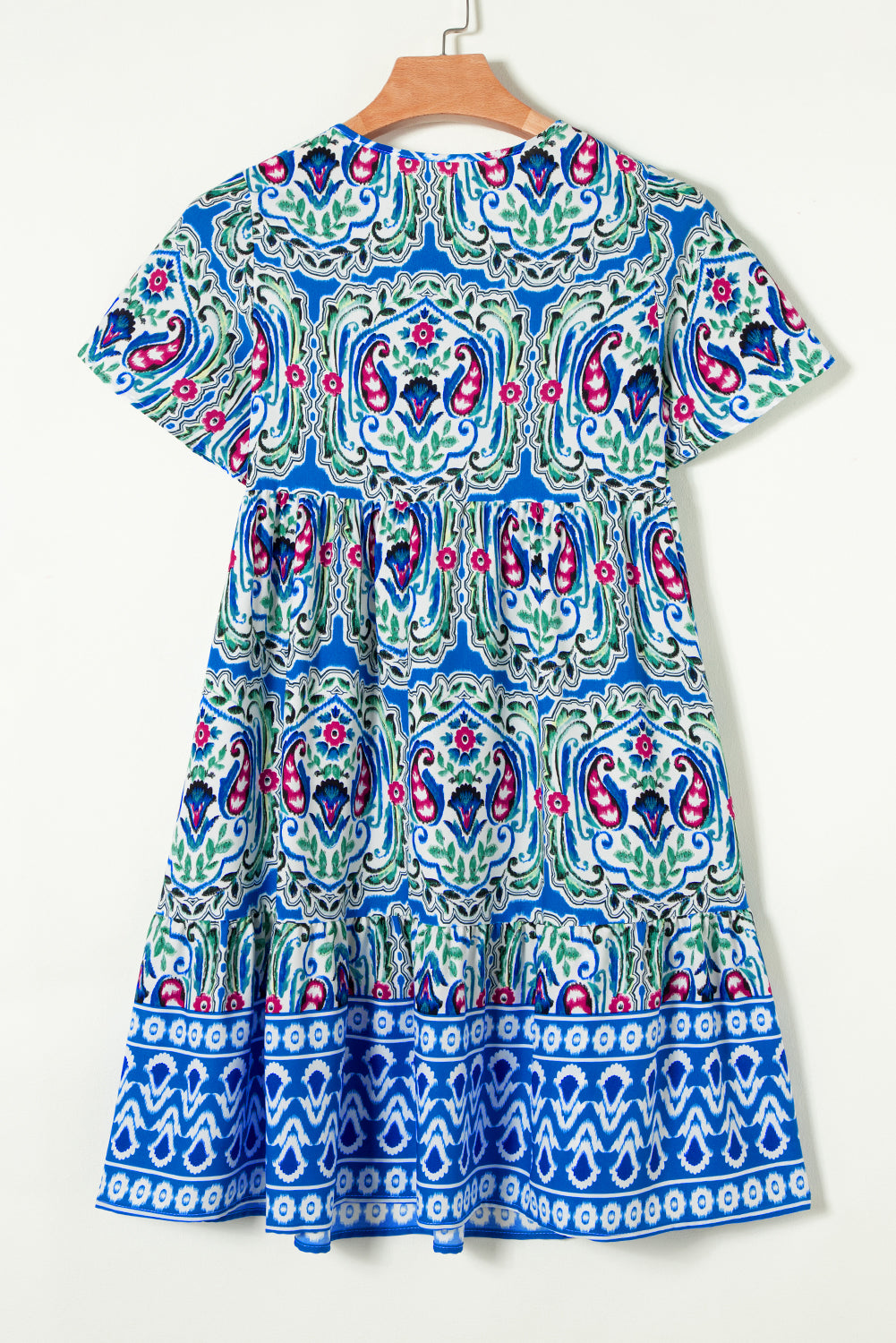 Sky Blue Bohemian Print Tie Neck Ruffle Hem Short Dress