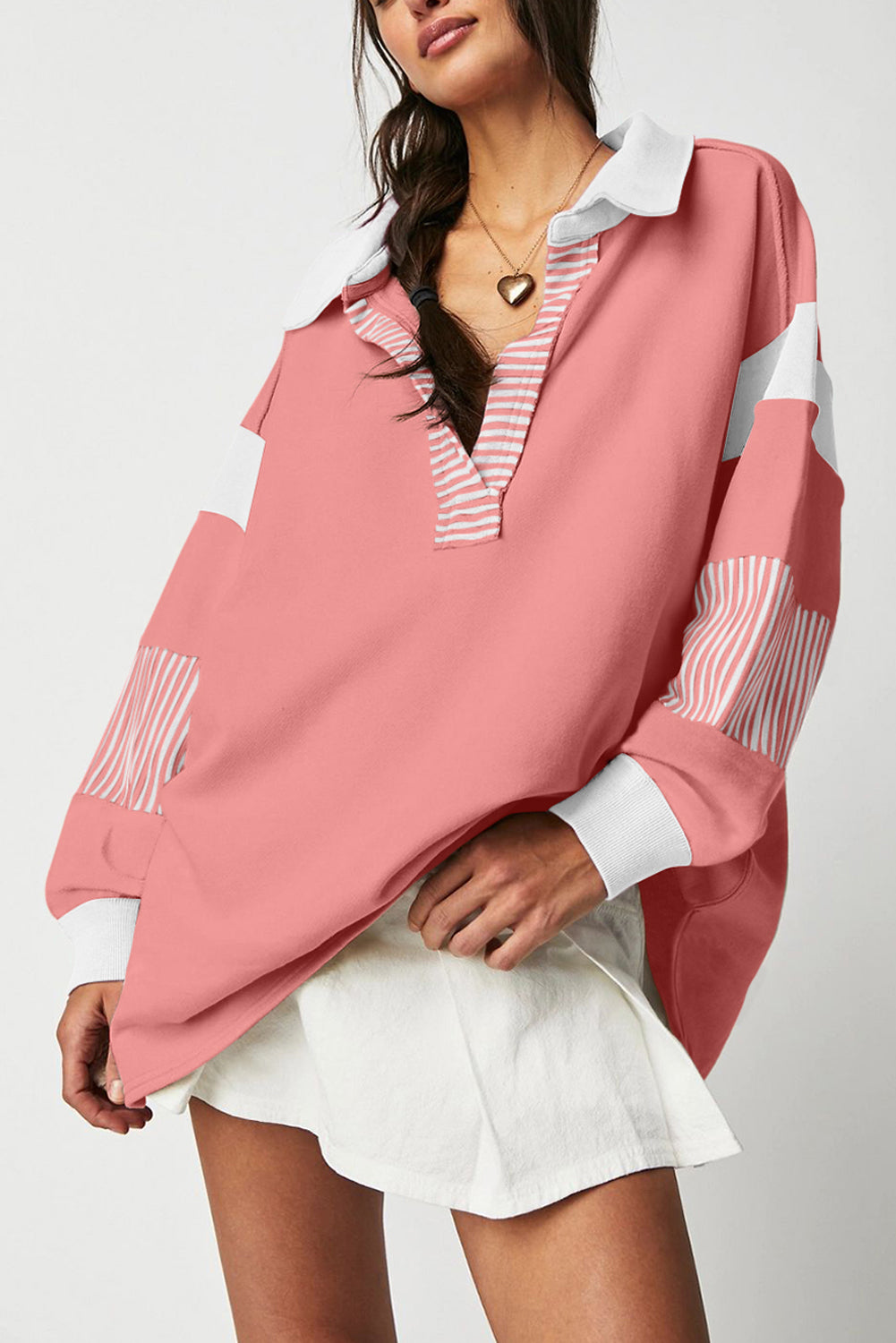 Light French Beige Striped Colorblock Patchwork Collar Sweatshirt