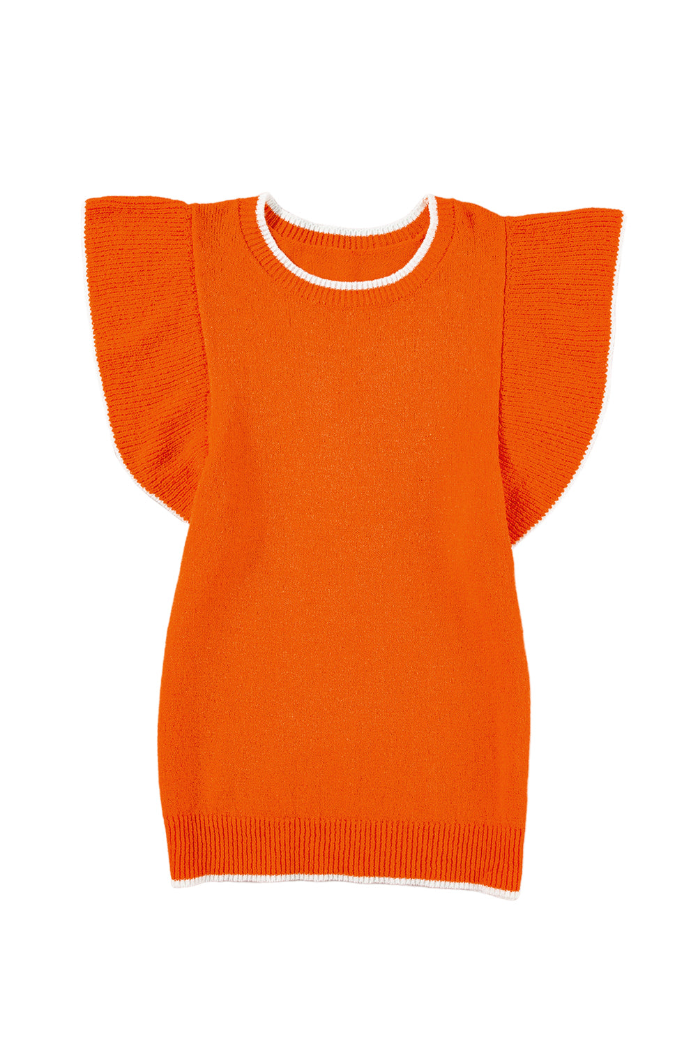 Russet Orange Contrast Trim Ruffle Sleeve Knitted Top