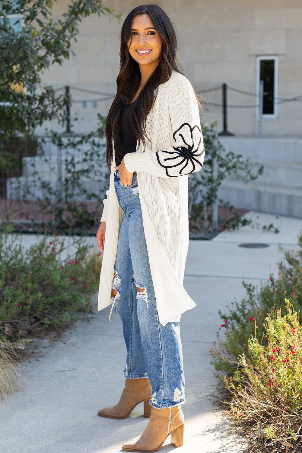 Black Flower Embroidered Drop Shoulder Open Front Duster Cardigan