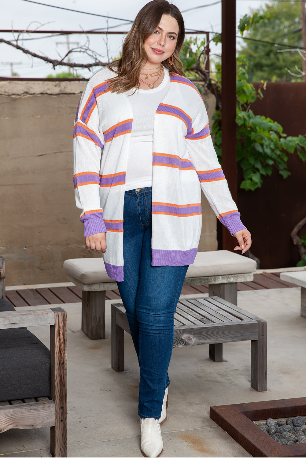 Beige Plus Size Striped Dropped Shoulder Sweater Cardigan