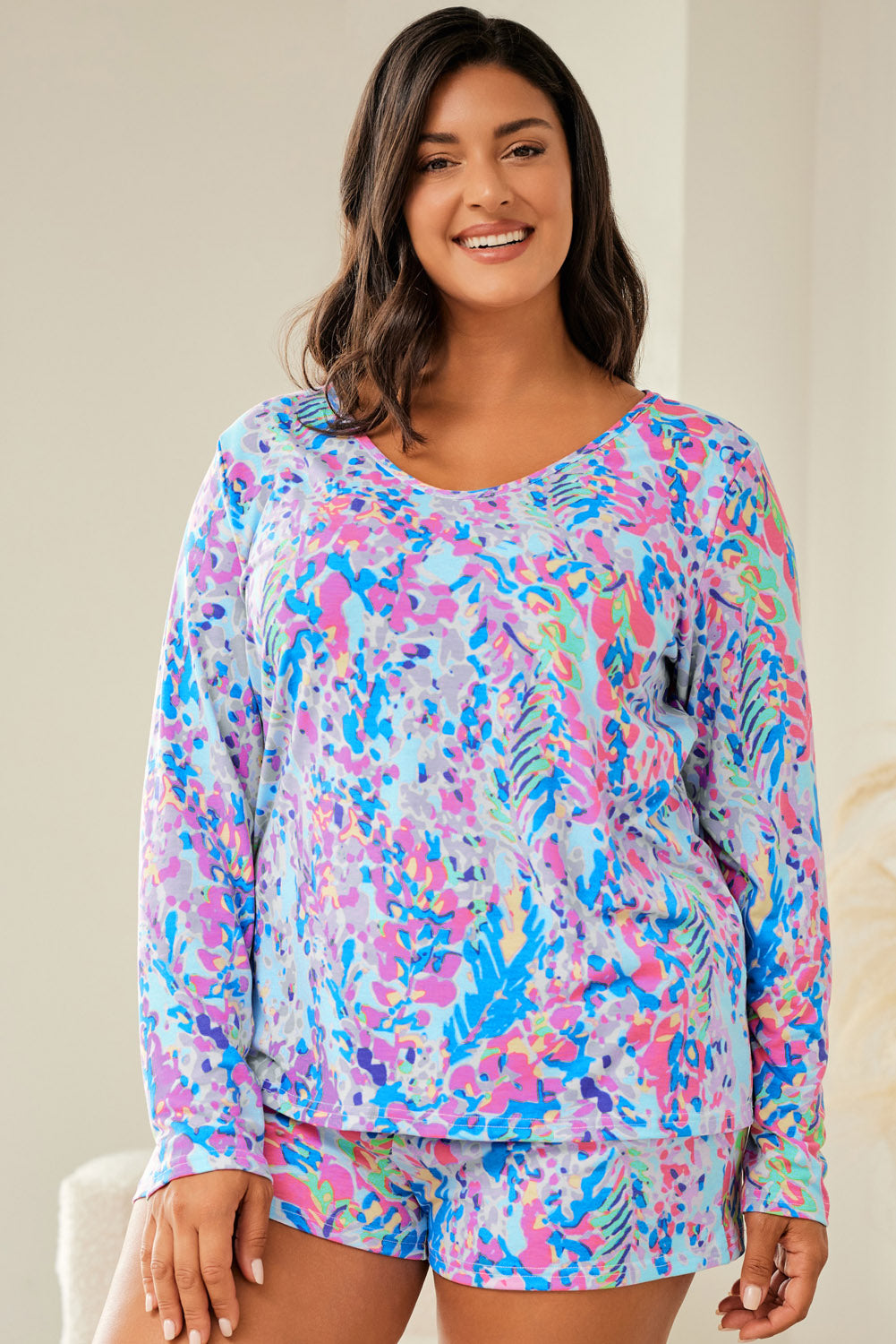 Sky Blue Plus Size Floral Print Long Sleeve and Shorts Lounge Outfit