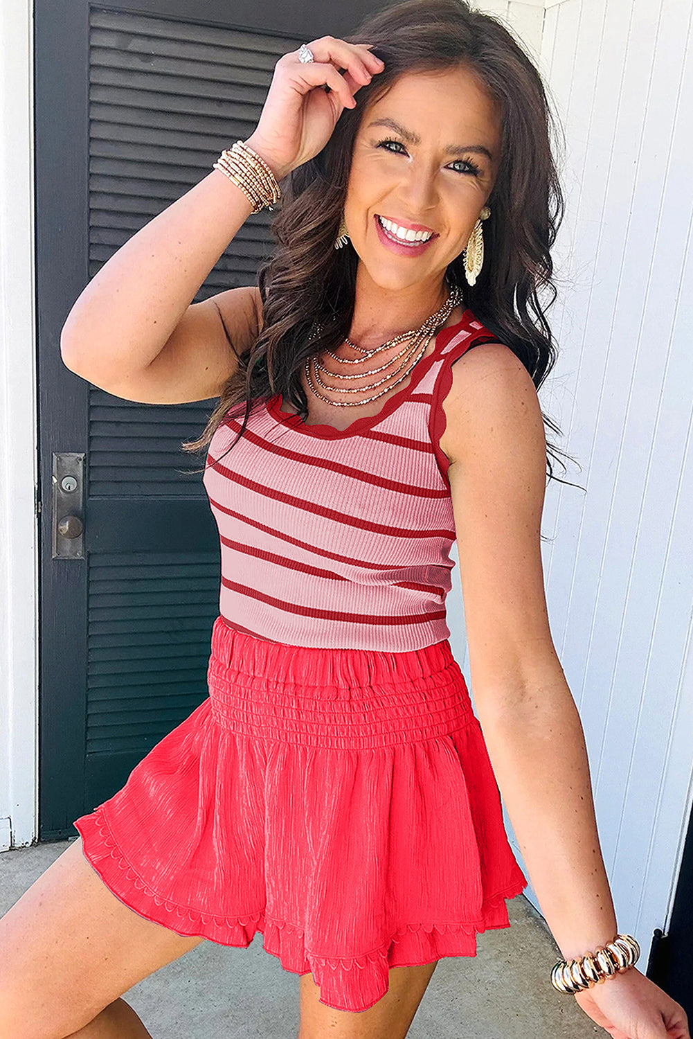 Bright Green Striped Scalloped Edge U Neck Sleeveless Sweater Vest