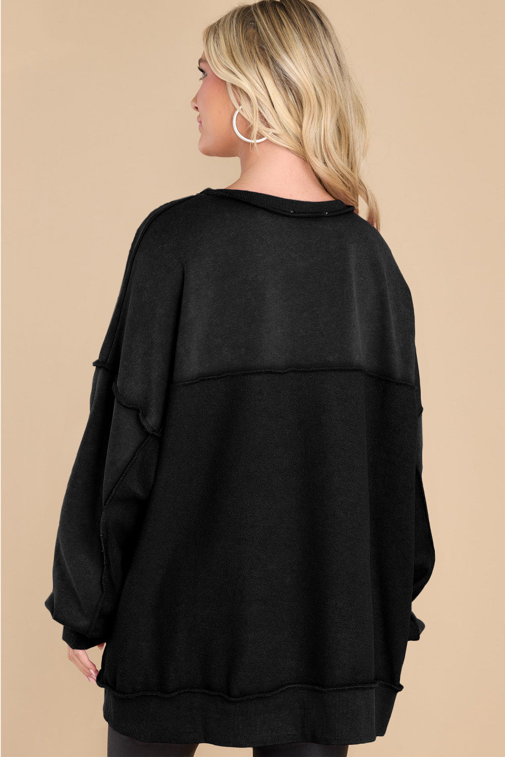 Black Oversized Exposed Seam Henley Sweatshirt