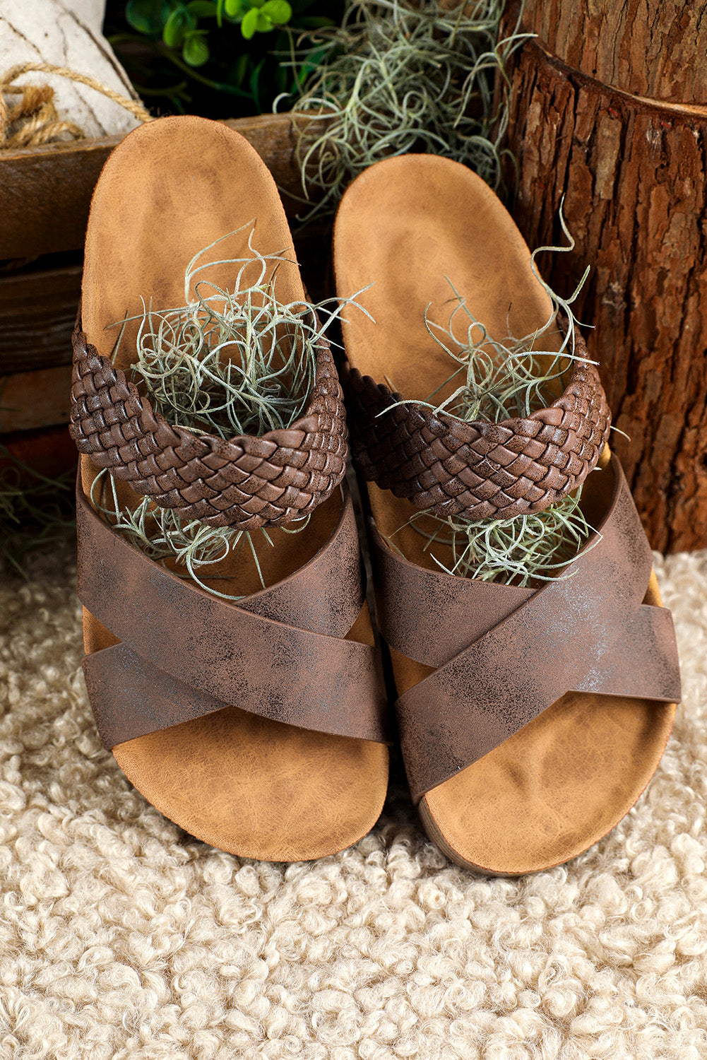 Brown Braided Detail Criss Cross Platform Slippers