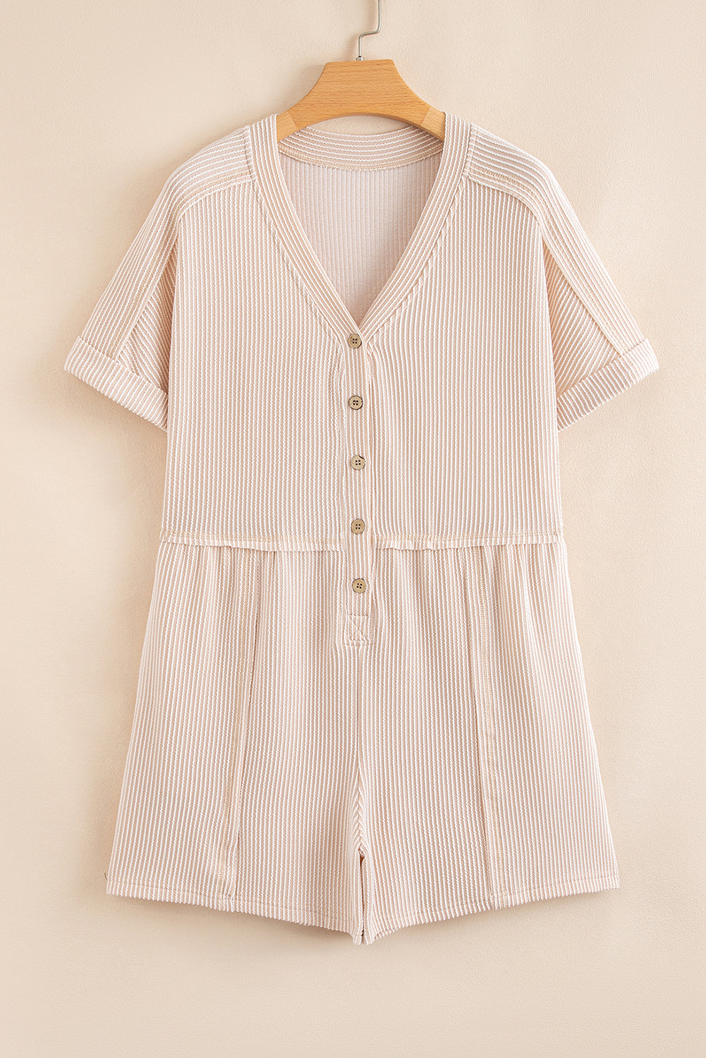 Parchment Spiral Ribbed Short Sleeve V Neck Buttoned Romper with Pocket