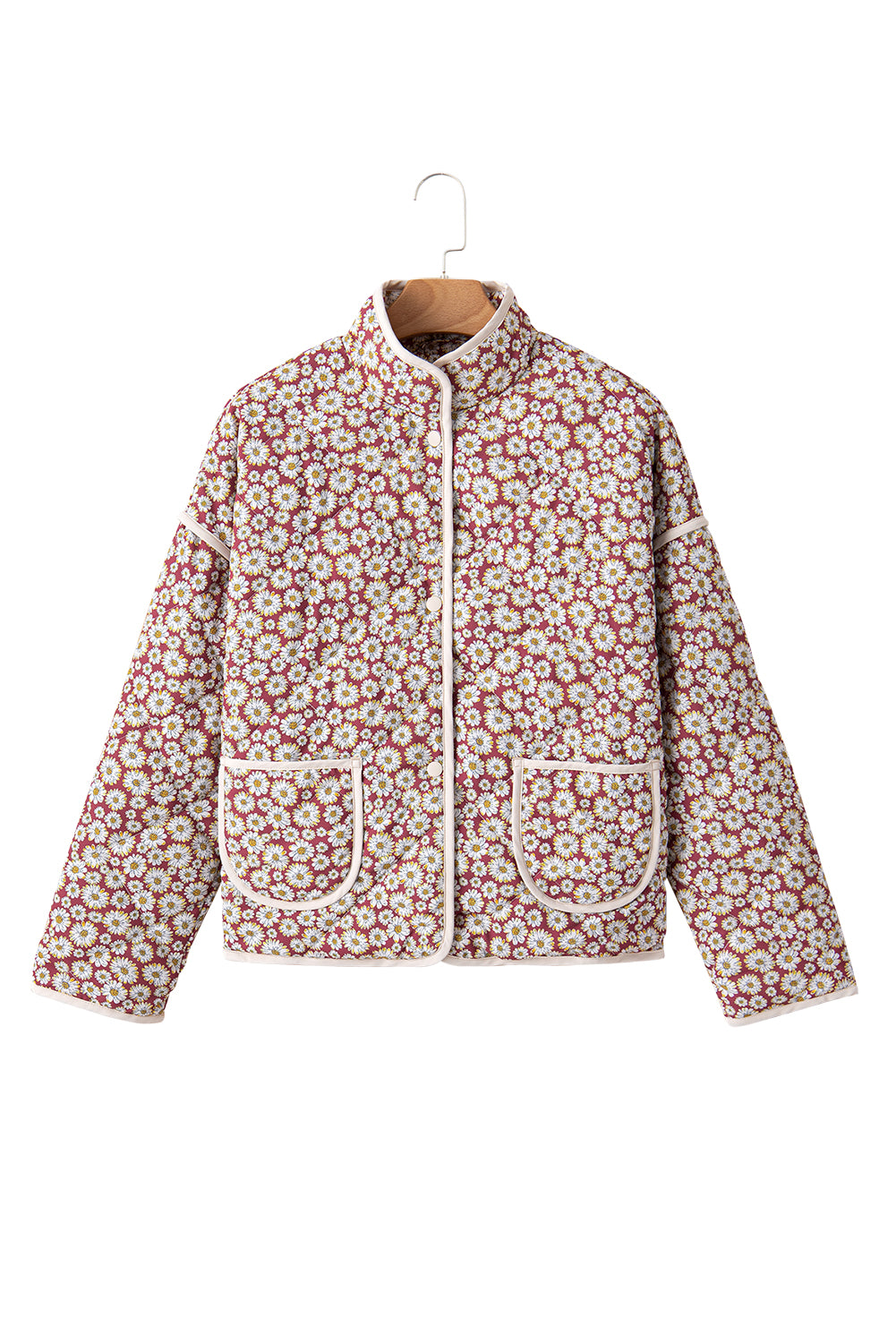 Pink Floral Print Contrast Edge Stand Neck Coat