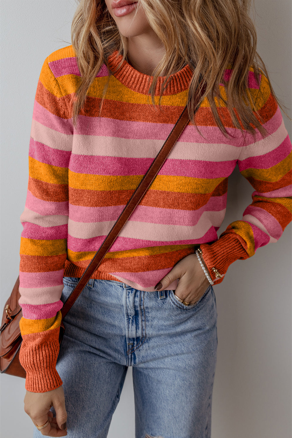 Green Color Block Ribbed Edge Round Neck Sweater