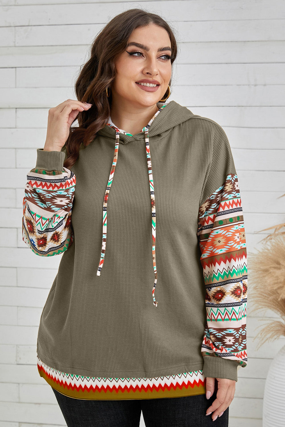 Camel Aztec Patchwork Sleeve Waffle Drawstring Plus Hoodie