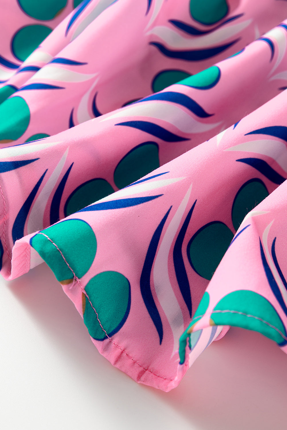 Pink Geometric Floral Print V Neck Ricrac Trim Short Sleeve Mini Dress