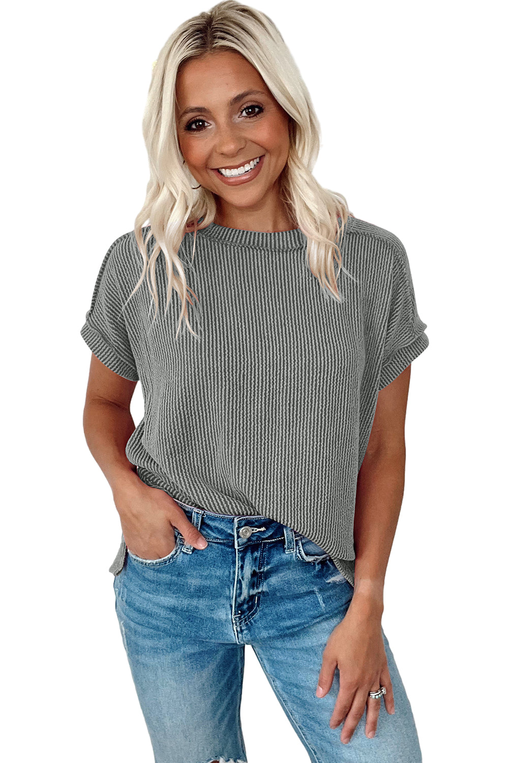 Medium Grey Textured Knit Exposed Stitching T-shirt