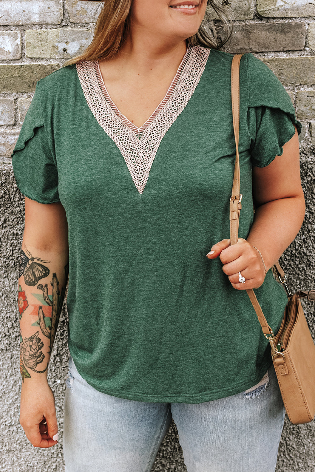 Blackish Green Plus Size Embroidery V Neck Draped Sleeve Blouse