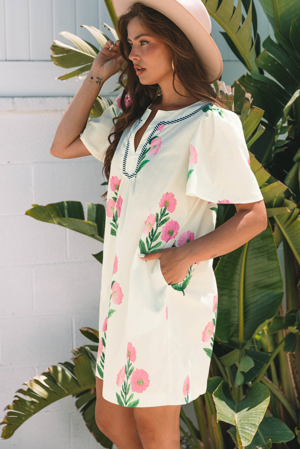 Rose Floral Short Sleeve Split Neck Loose Mini Dress