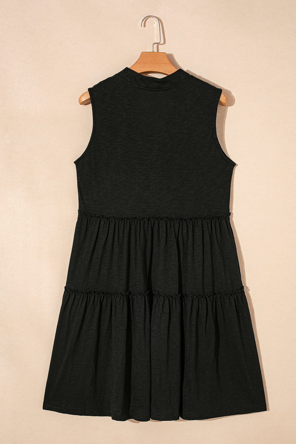 Black Split V Neck Tiered Flowy Sleeveless Dress