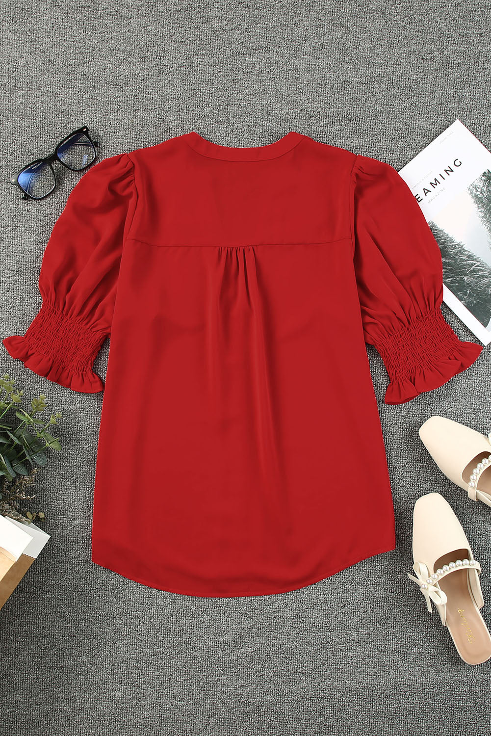 Fiery Red Solid Color Half Sleeve V Neck Blouse