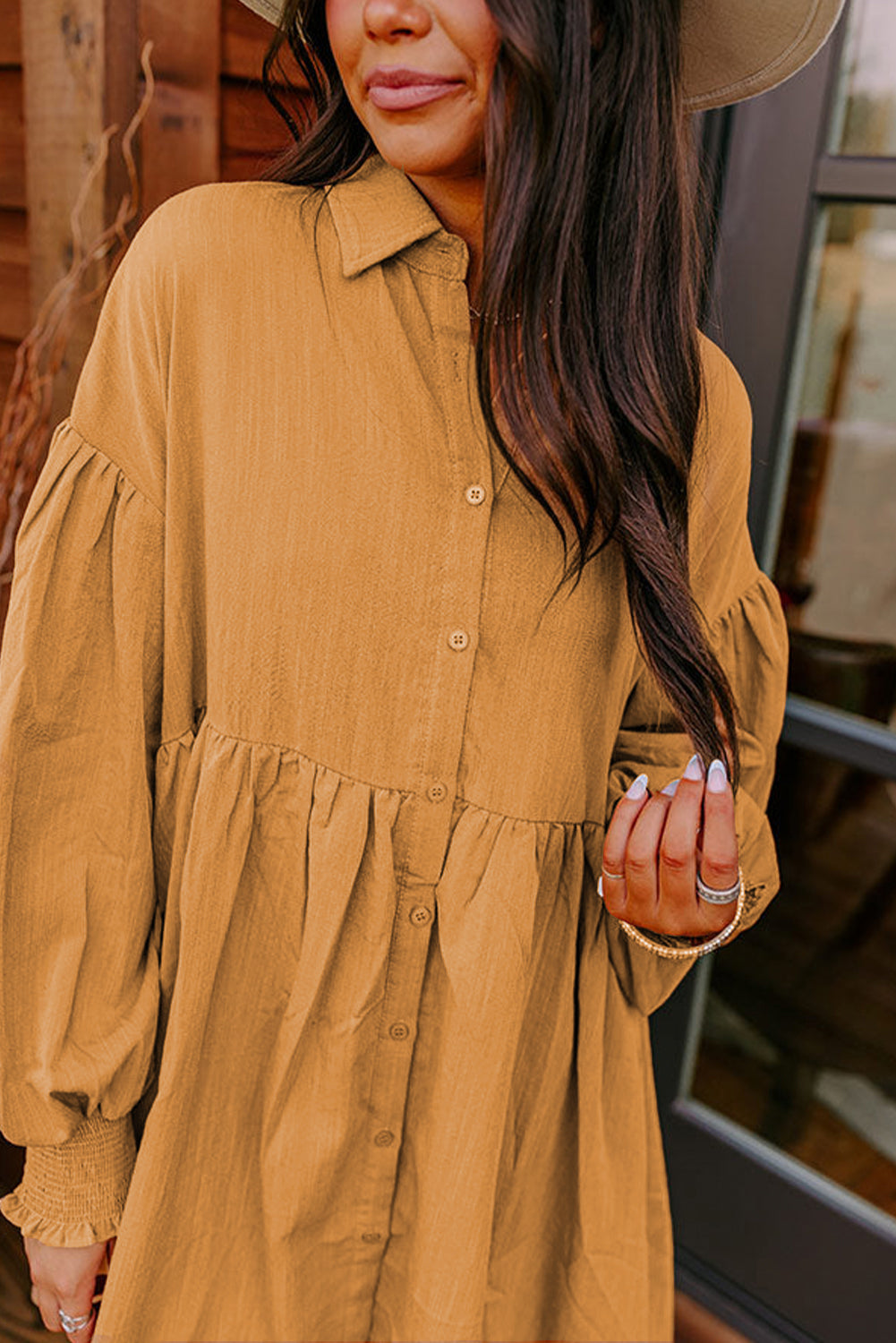 Light French Beige Loose Bishop Sleeve Shirt Dress