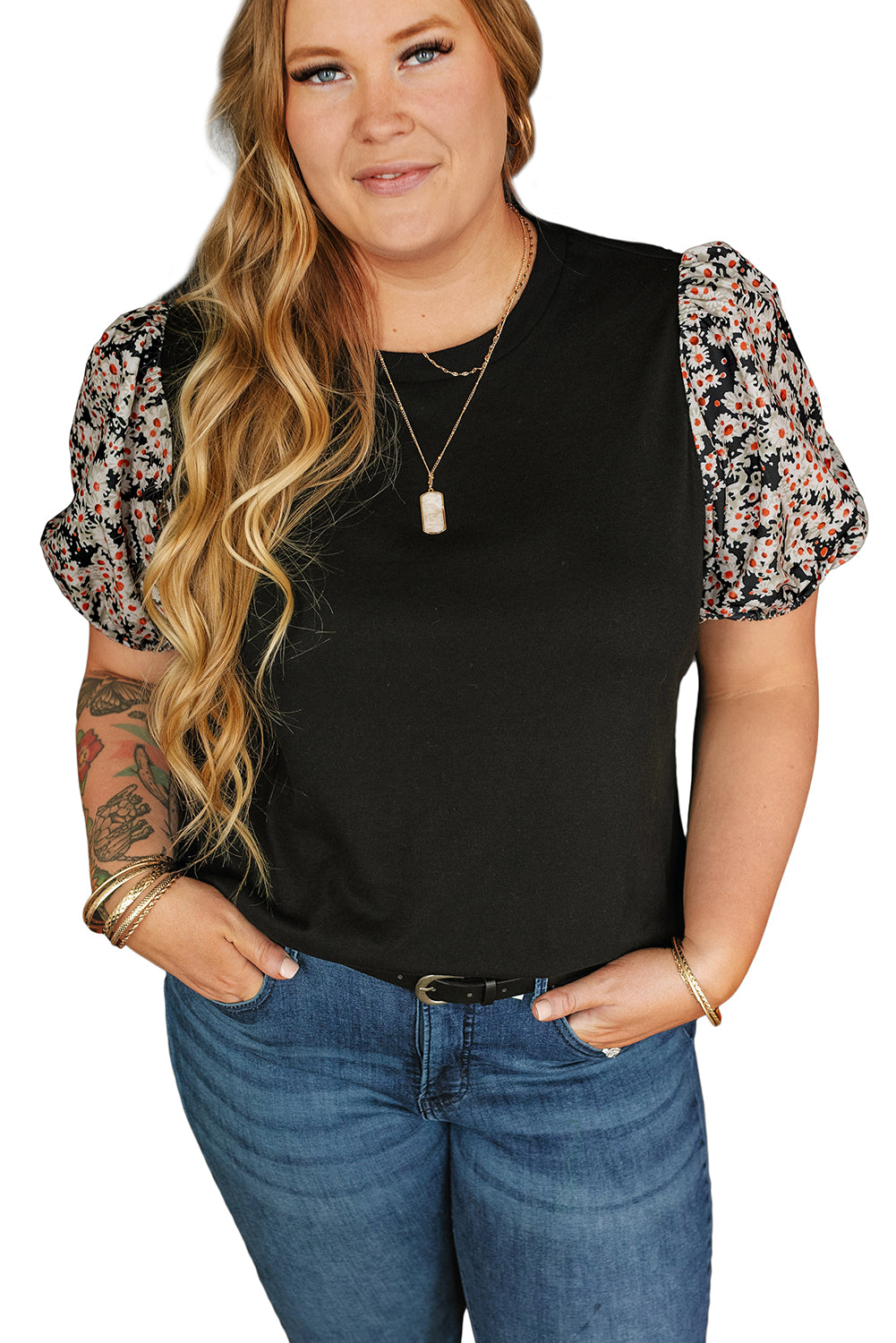 Black Daisy Printed Short Bubble Sleeve Plus Size Tunic Top