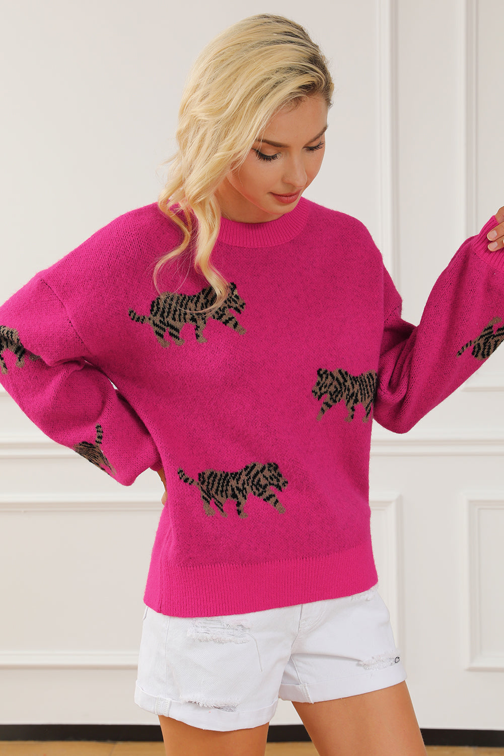 Rose Red Fierce Animal Pattern Casual Knitted Sweater