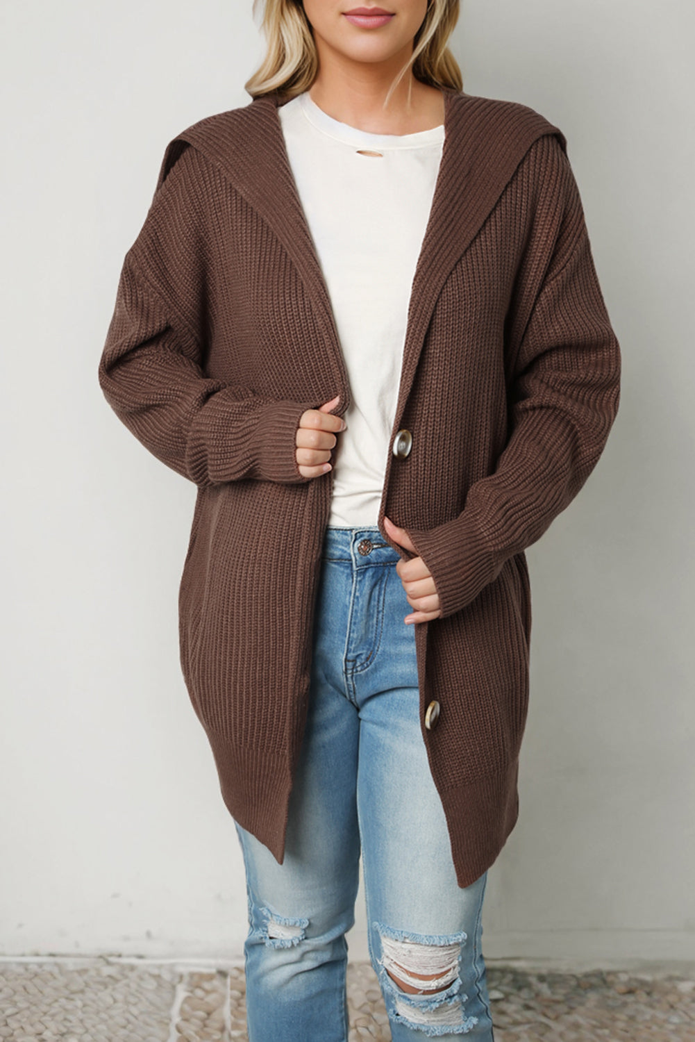 Brown Chunky Knit Lapel Collar Button up Cardigan