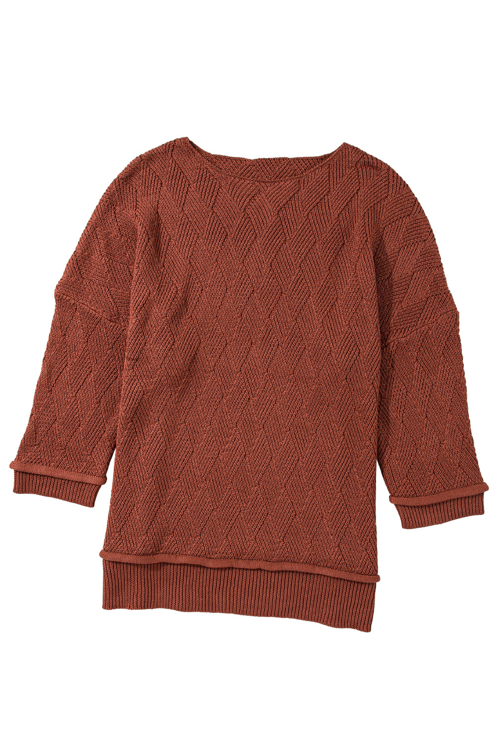 Gold Flame Solid Color Textured Crew Neck Loose Sweater