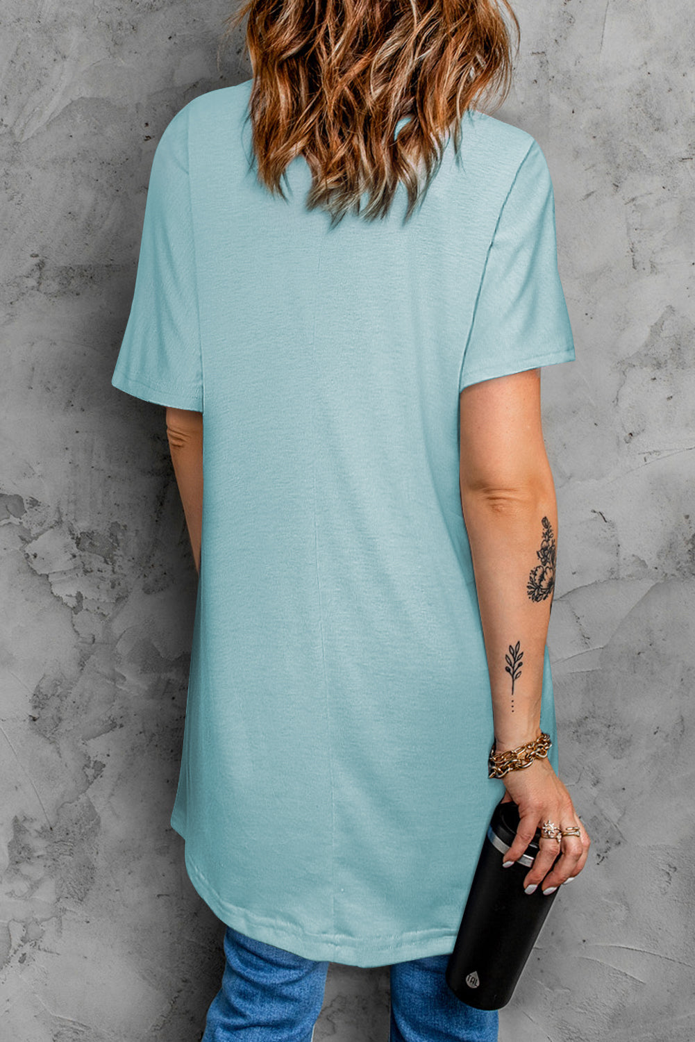 Light Blue Side Pockets Short Sleeve Tunic Top