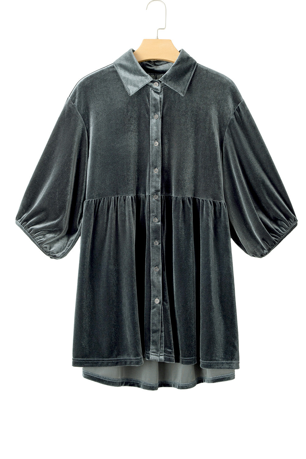 Dark Grey 3/4 Sleeve Tunic Babydoll Velvet Shirt