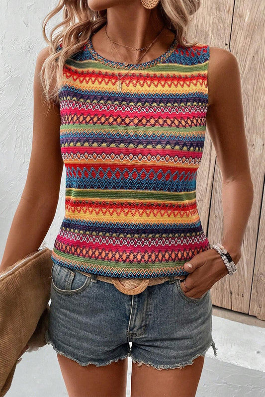 Yellow Ethnic Wavy Pattern Round Neck Sleeveless Top