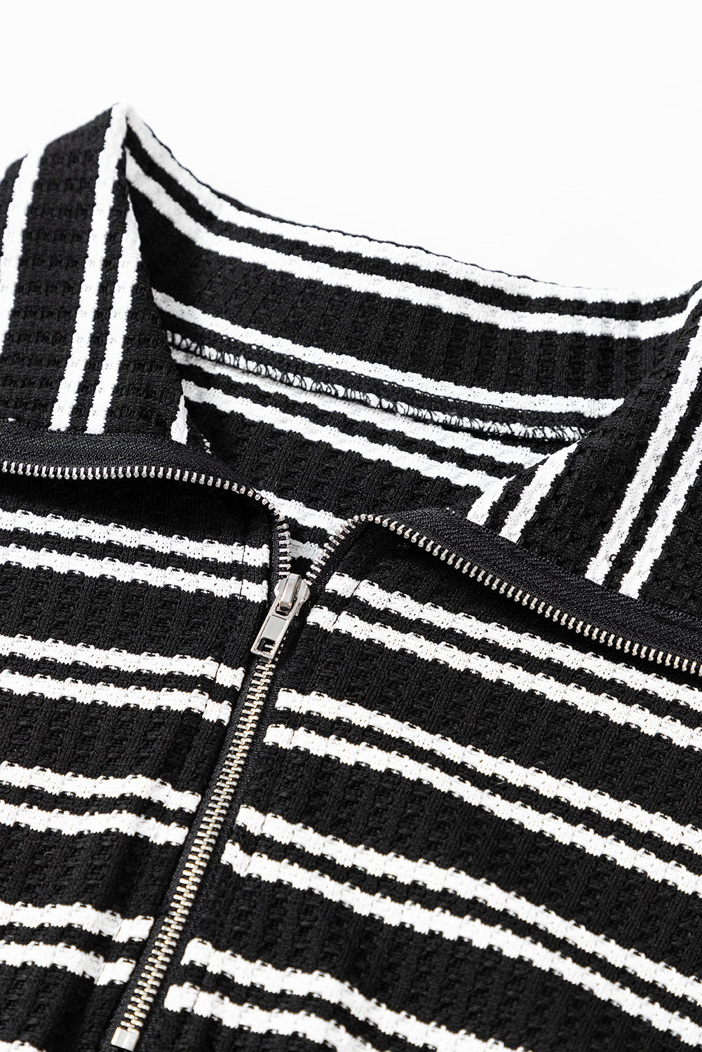 Black Stripe Textured Quarter Zip Collar Long Sleeve Top