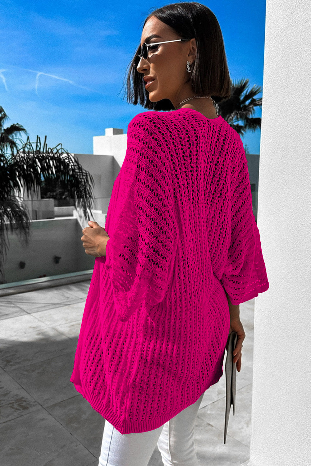 Rose Hollow-out Bracelet Sleeve Knit Cardigan