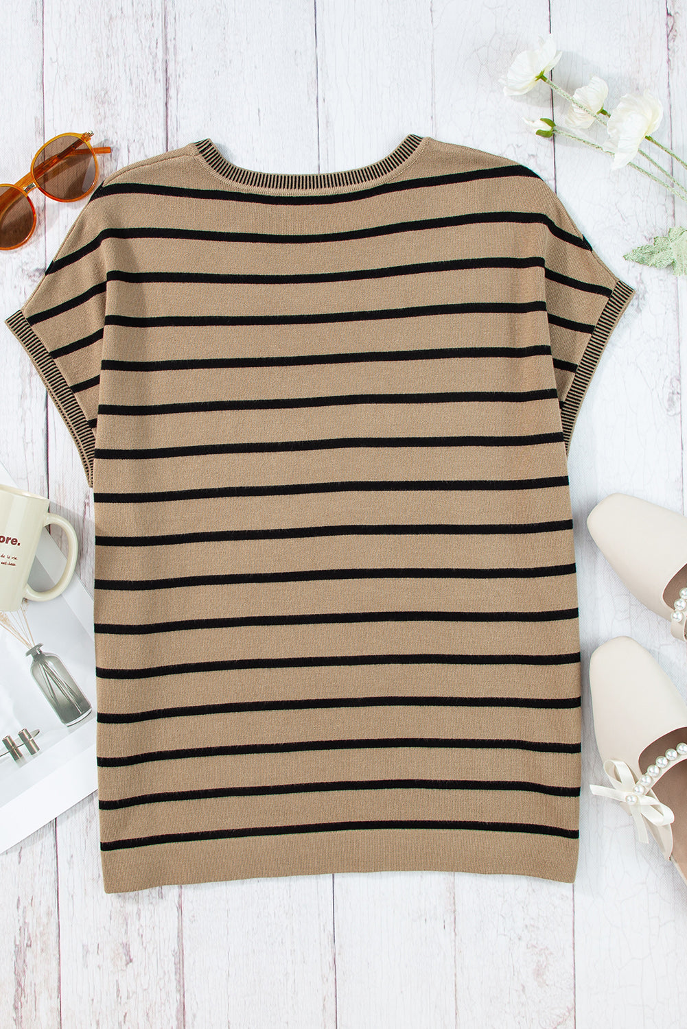 Khaki Stripe Knitted Bat Sleeve T Shirt