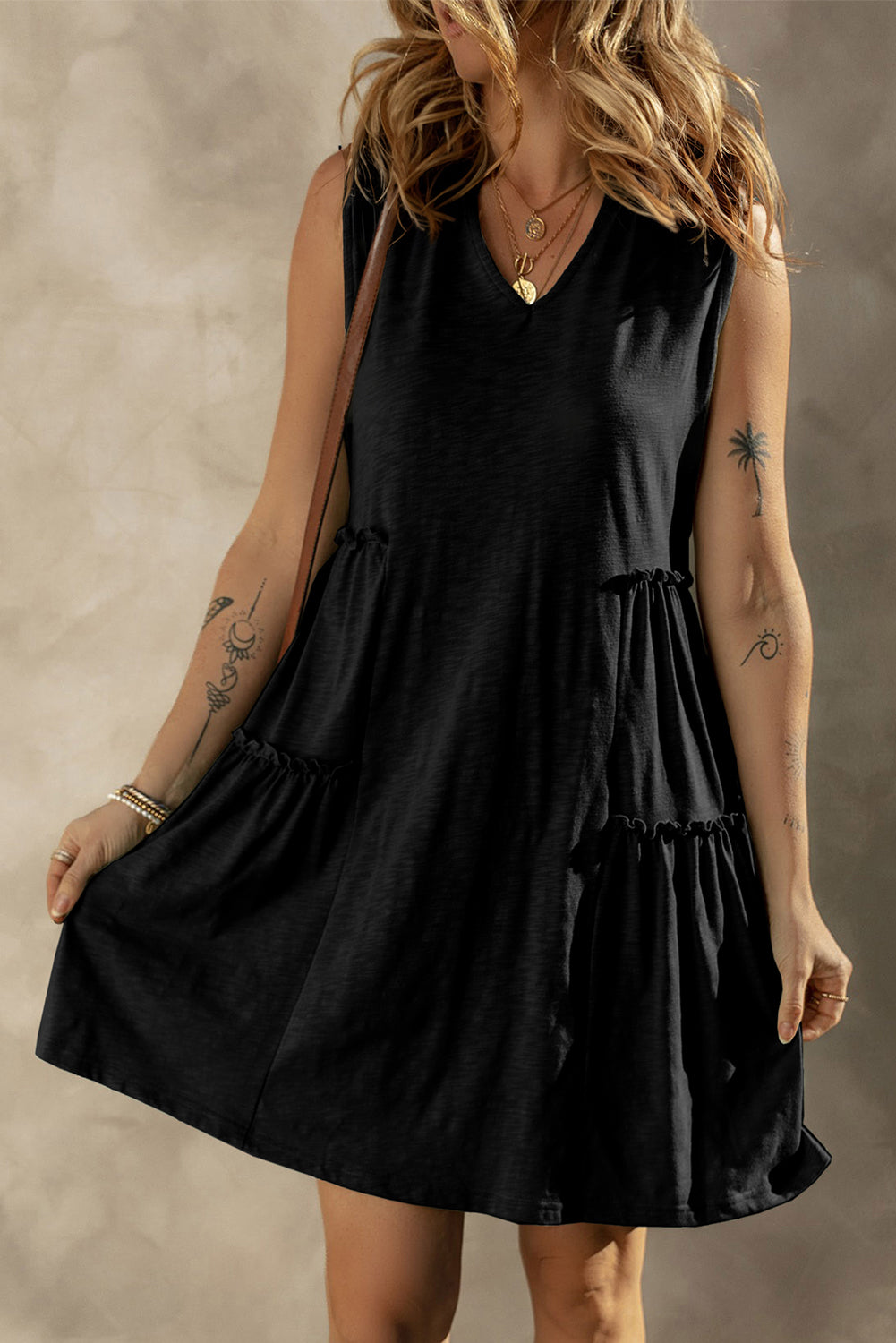 Black Split V Neck Tiered Flowy Sleeveless Dress