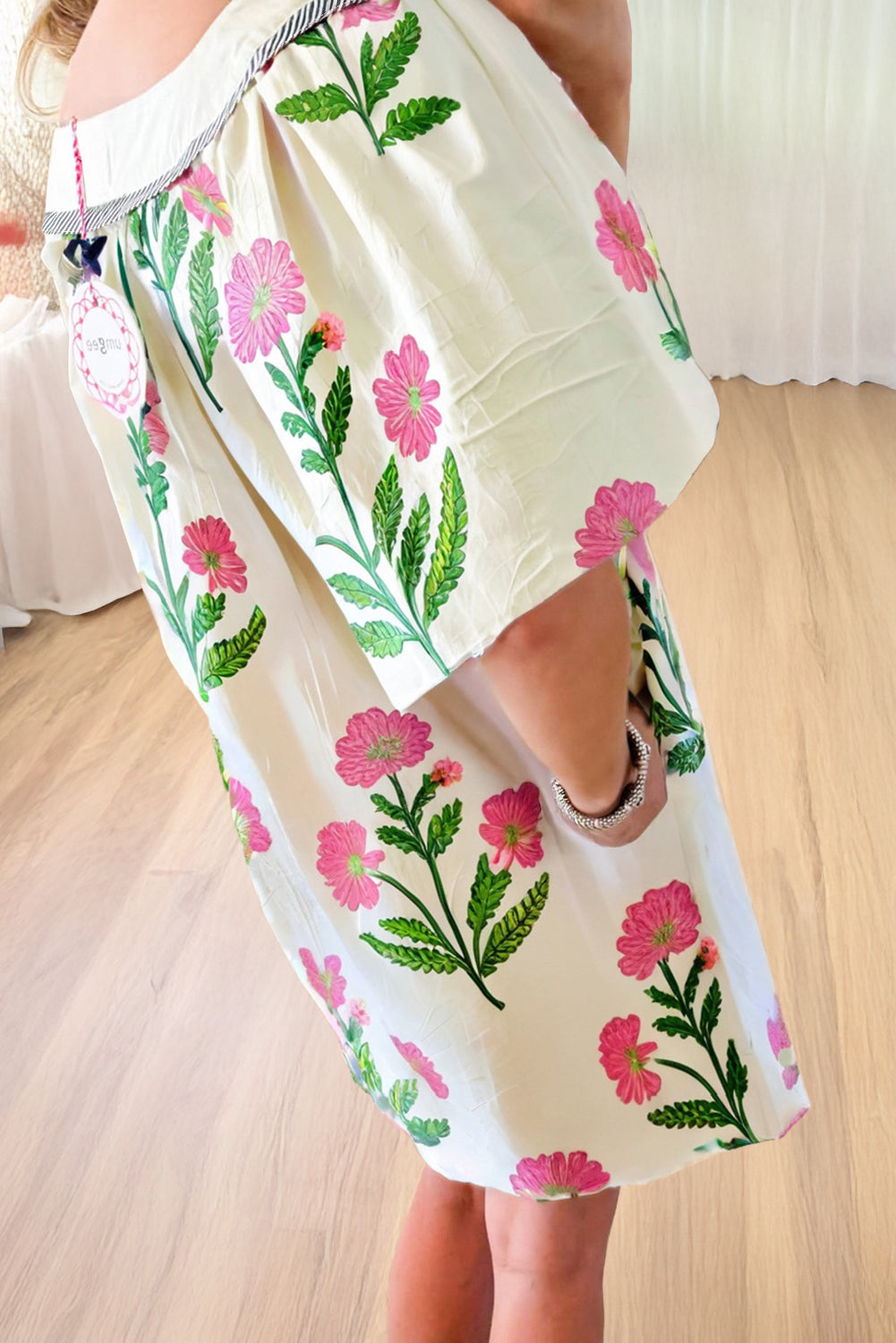 Rose Floral Short Sleeve Split Neck Loose Mini Dress