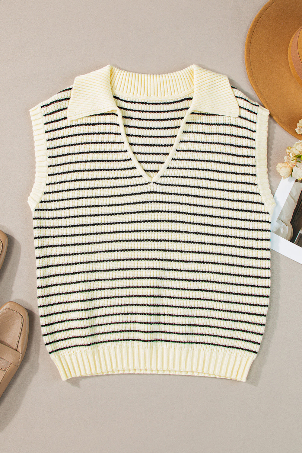 Beige Stripe Turn-down V Neck Sweater Tank Top