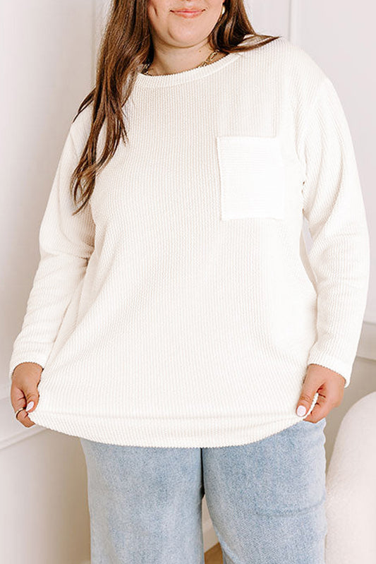 White Plus Size Ribbed Textured Long Sleeve T Shirt