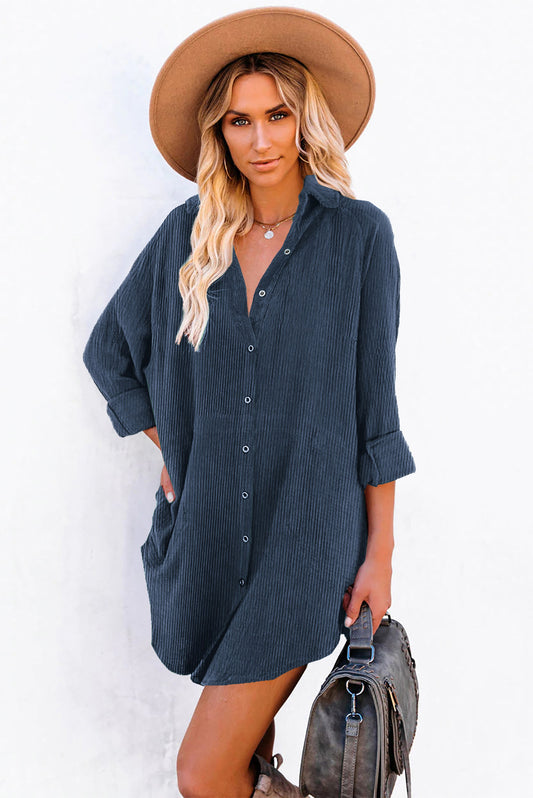 Blue Corduroy Shirt Style Full Button Long Sleeve Shift Mini Dress