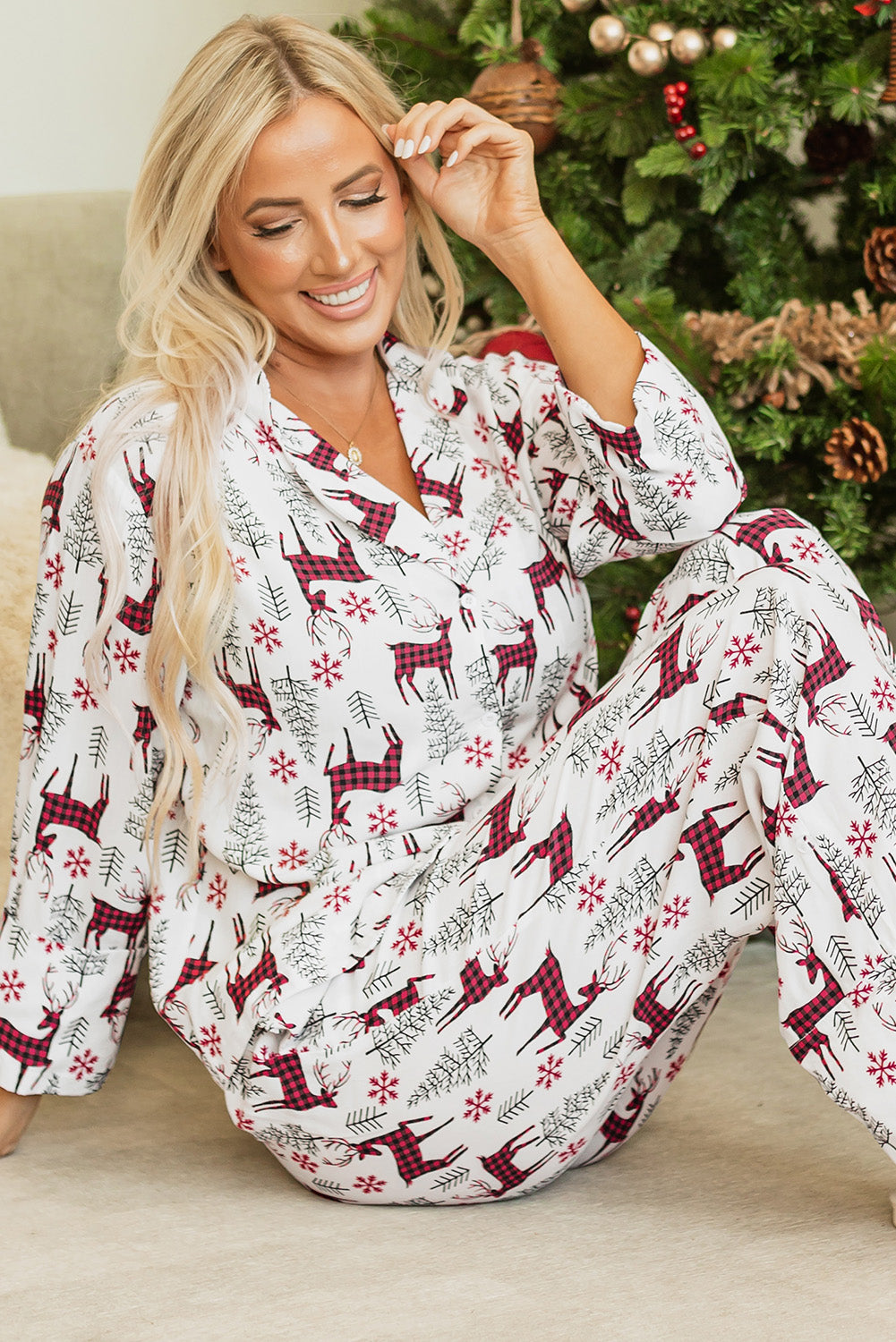 Light Grey Christmas Printed Shirt and Pants Pajama Set