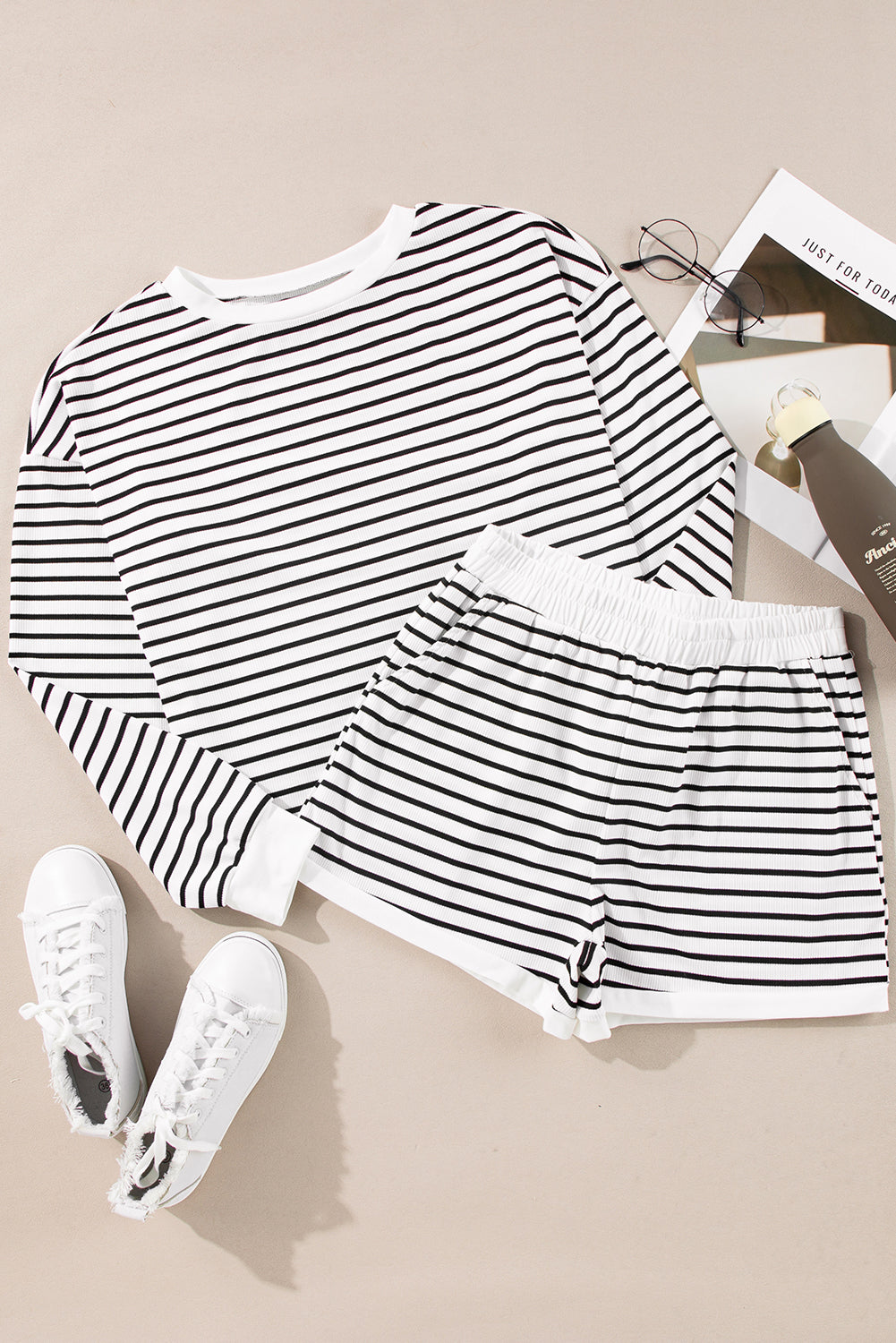 Black Stripe Textured 3/4 Sleeve Top and Shorts Set