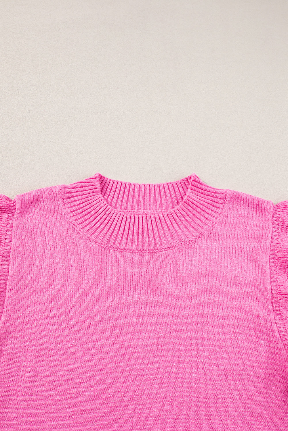 Bonbon Ribbed Mock Neck Ruffled Short Sleeve Sweater