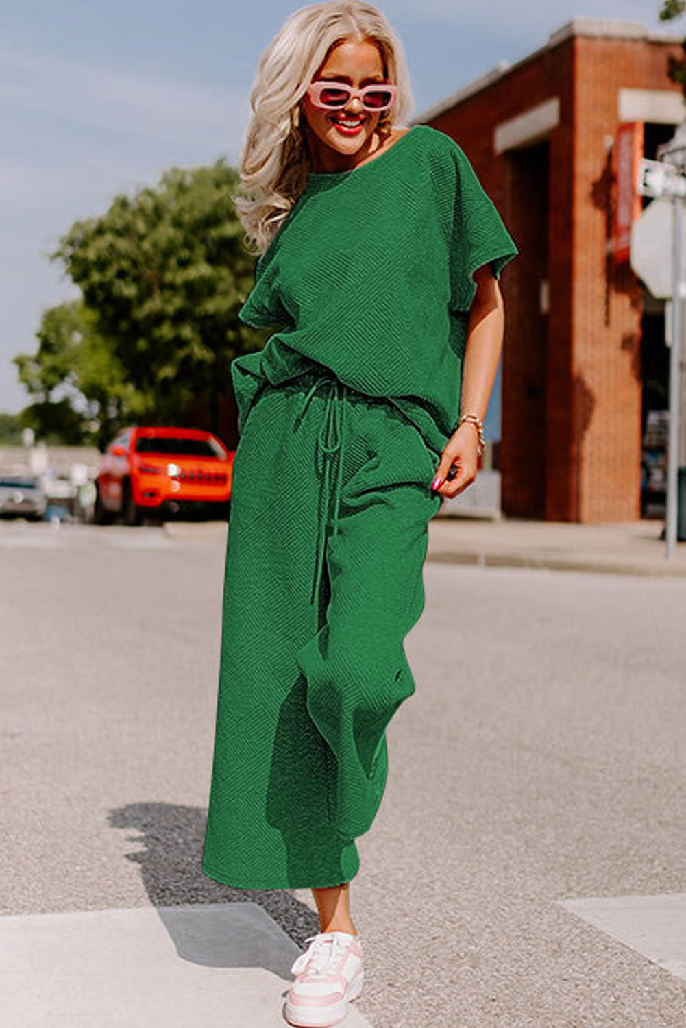 Red Dahlia Textured Loose Fit T Shirt and Drawstring Pants Set