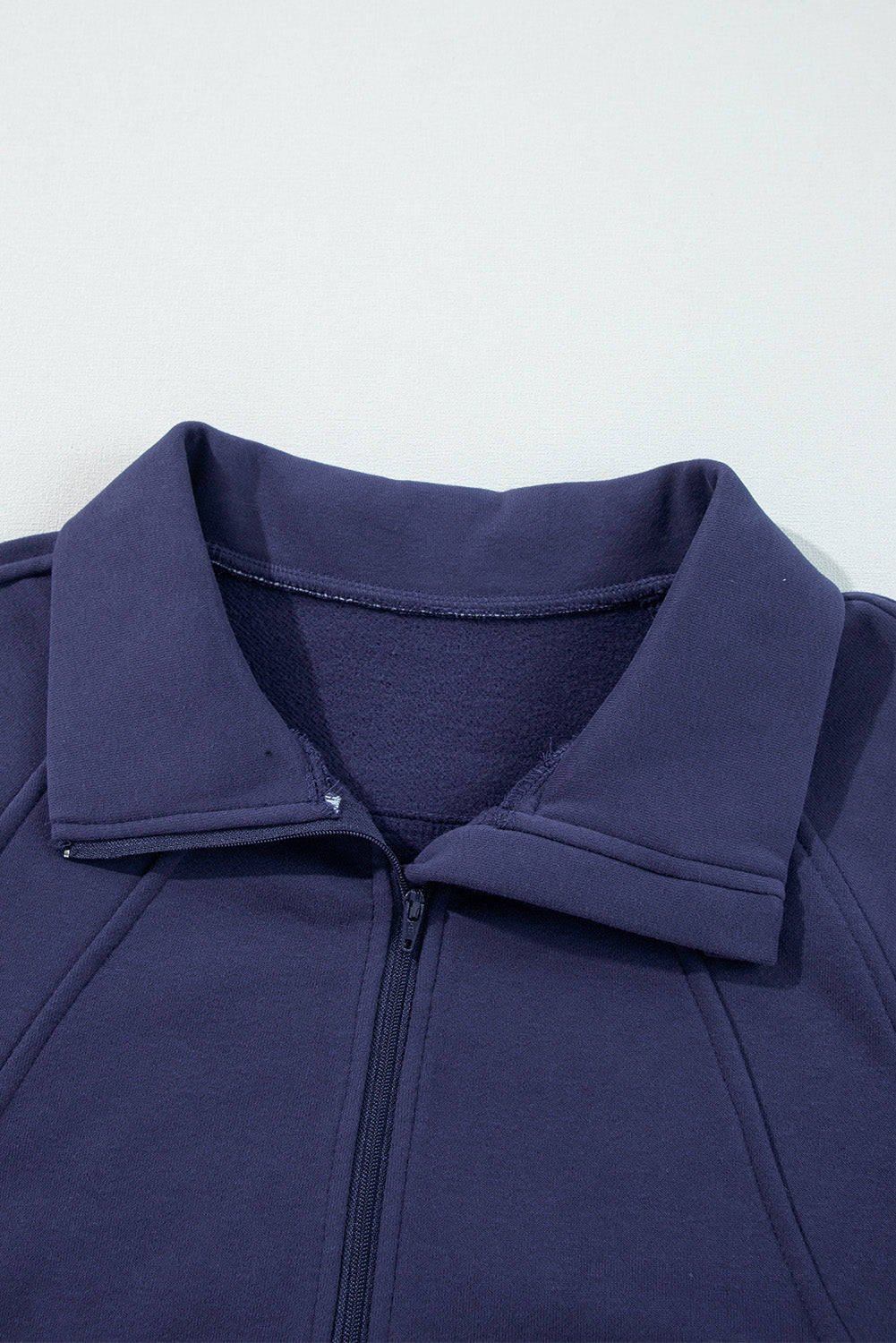 Navy Blue Fleece Lined Zip Up Stand Collar Thumbhole Sleeve Sweatshirt