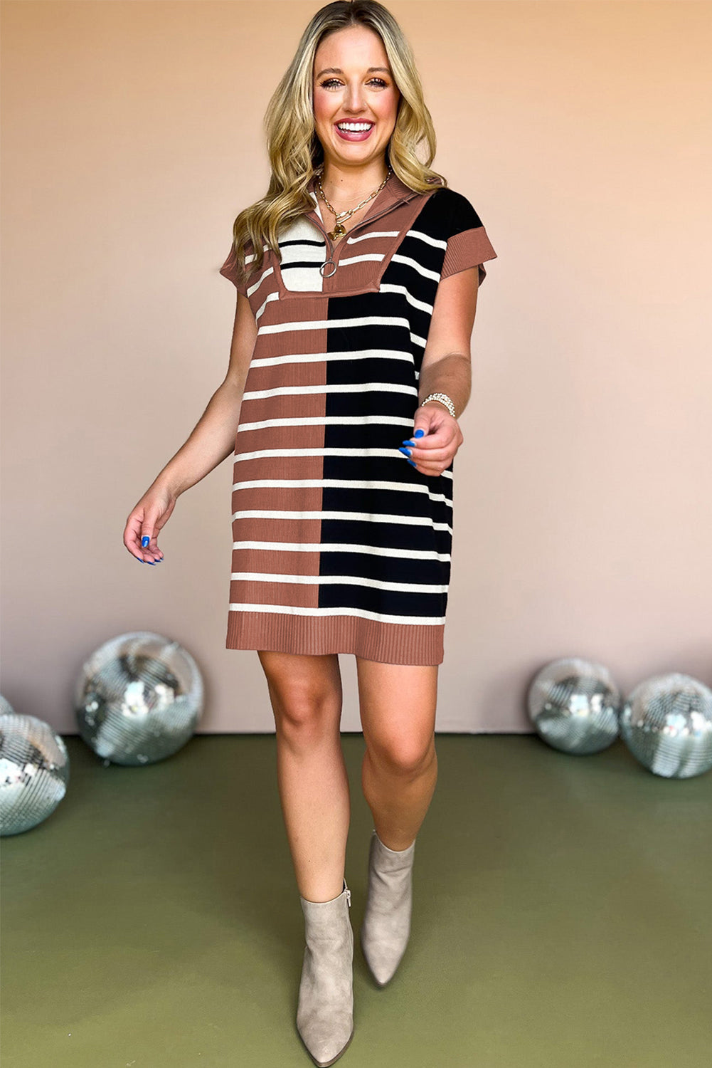 Black Stripe Color Block Quarter Zip Collar Short Sleeve Sweater Dress