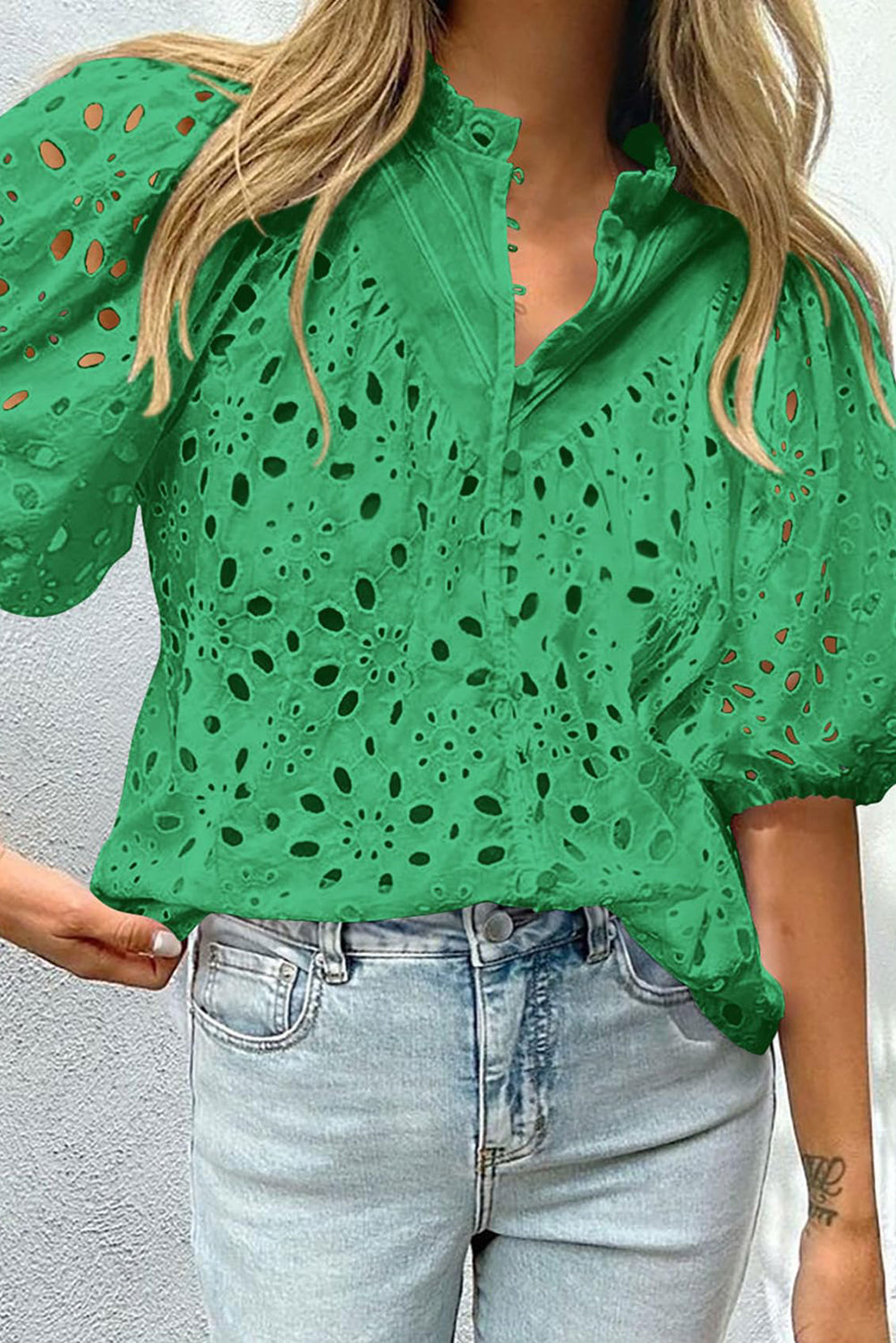 Green Flower Embroidered Hollow-out Puff Sleeve Blouse