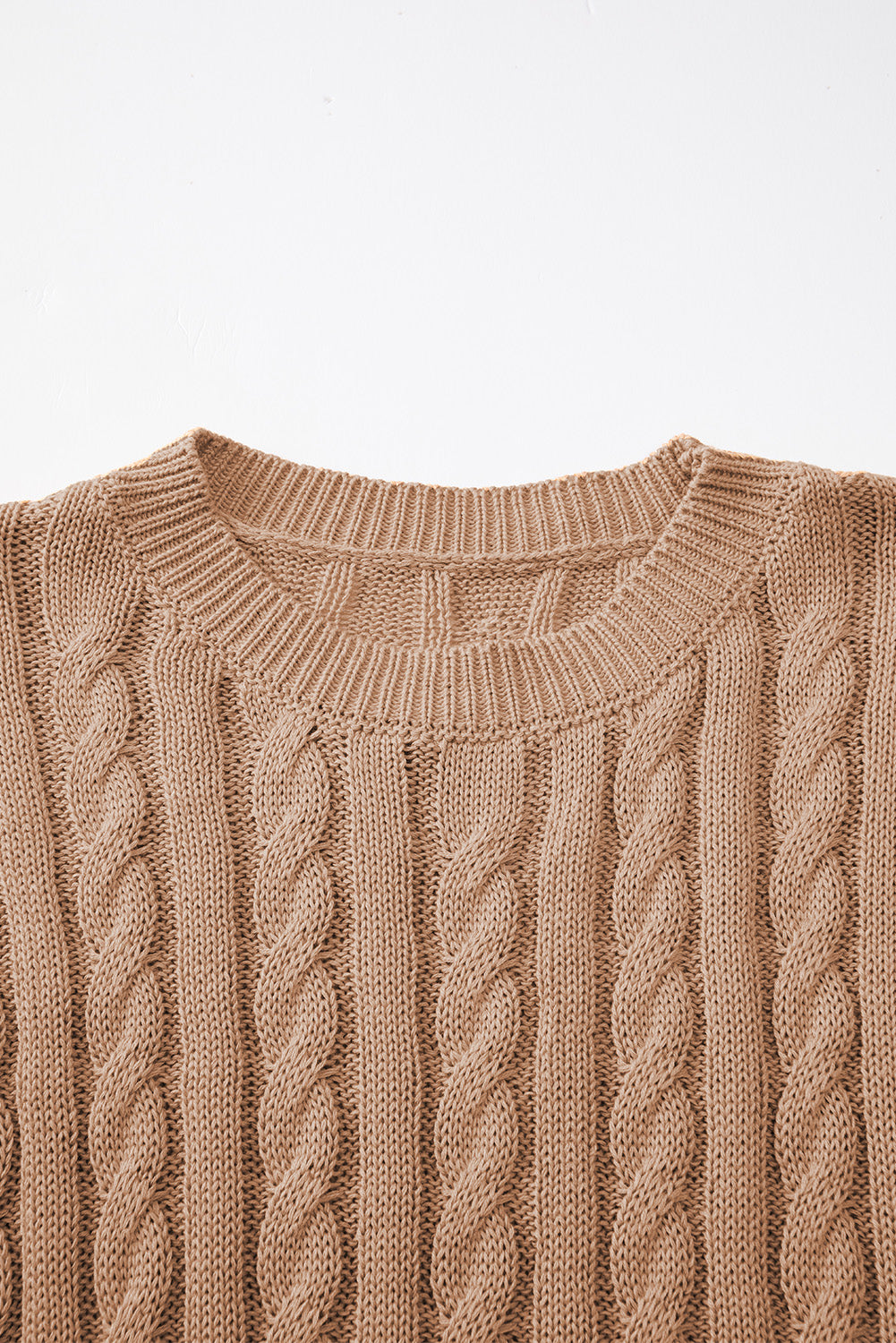 Light French Beige Crew Neck Cable Knit Short Sleeve Sweater