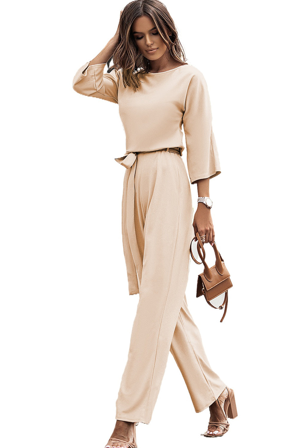 Apricot Bracelet Sleeve Waist Tie Wide Leg Jumpsuit