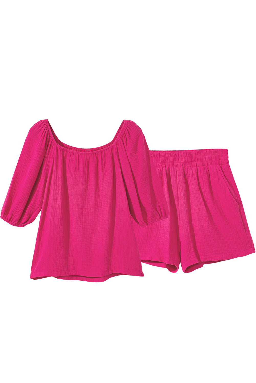 Bright Pink Crinkled Textured Square Neck Puff Sleeve and Shorts Set