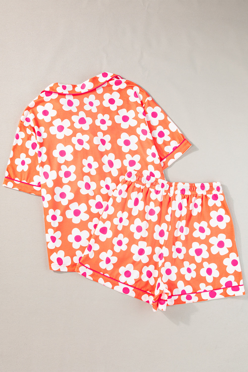 Orange Flower Print Short Sleeve Shirt Pajamas Set